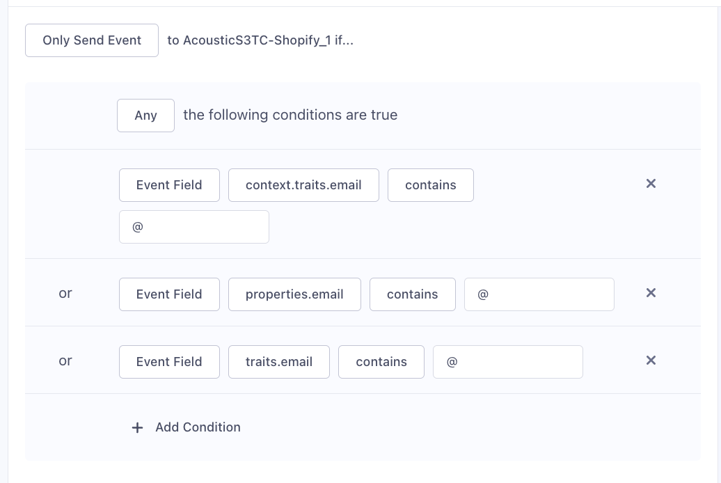 the Segment UI showing event filters applied to a destination