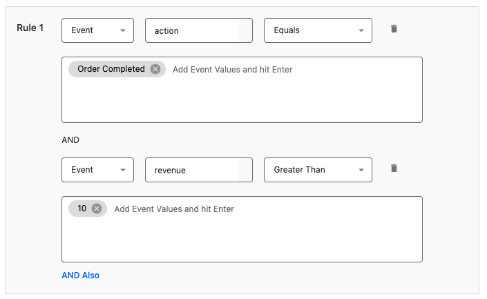 Image showing event rule in StackAdapt the matches an Order Completed event with a revenue greater than 10