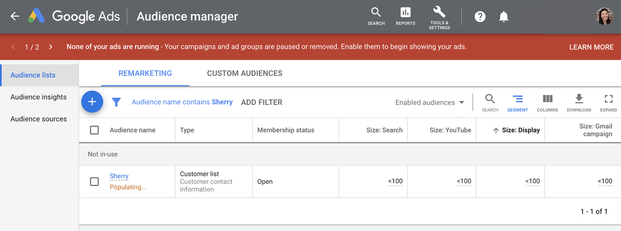 A screenshot of the Google Ads Audience lists page, with one list currently populating.