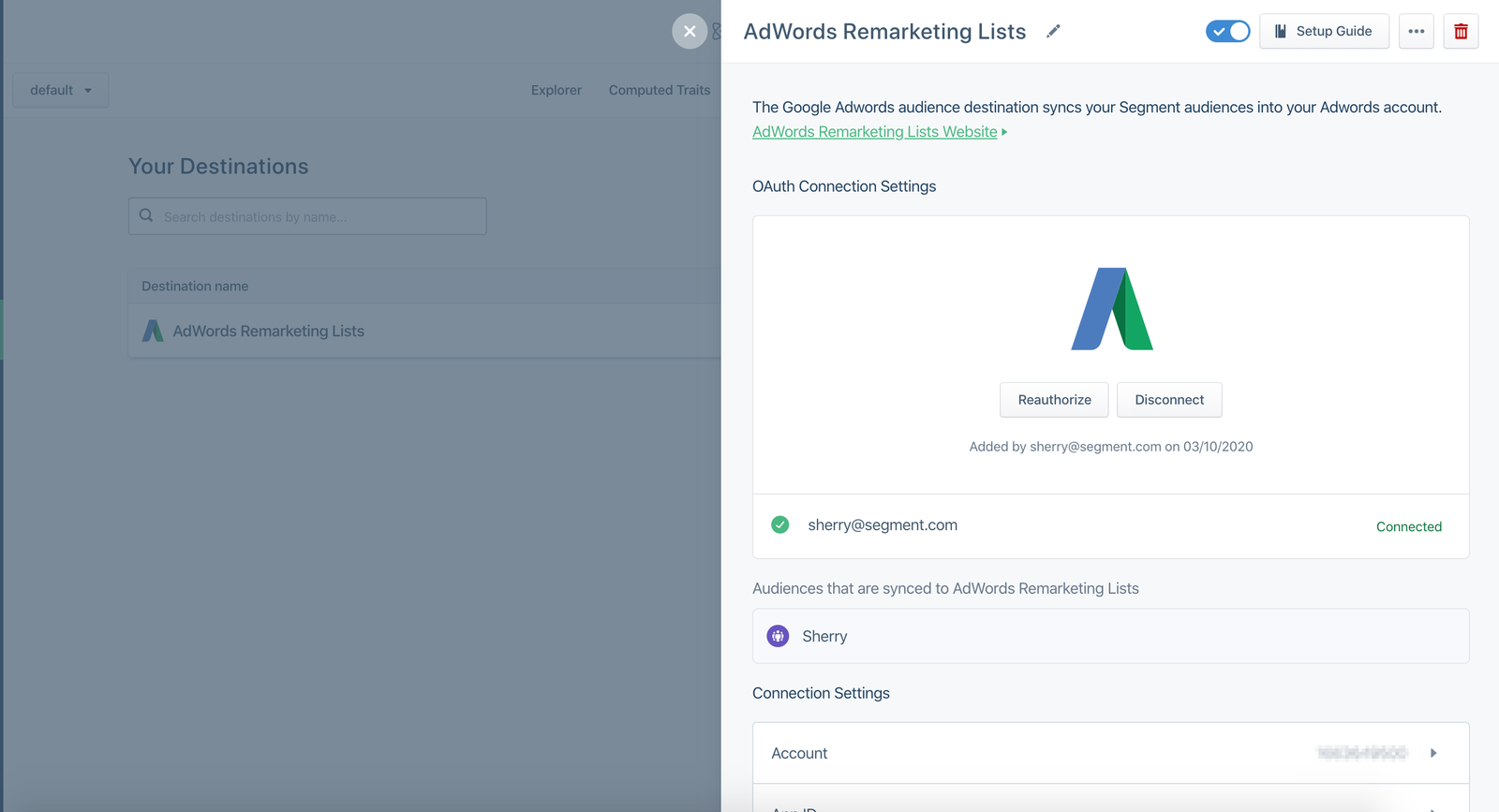 A screenshot of the Segment destinations page, with the Google AdWords Remarketing Lists destination selected.