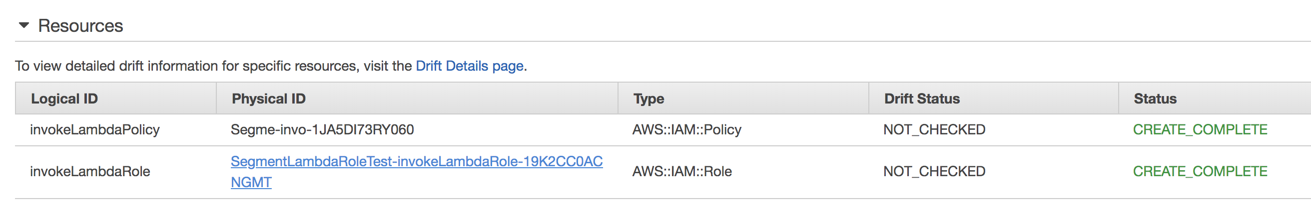 A screenshot of the Resources section of the Stack Detail page, with a invokeLambdaPolicy and an invokeLambdaRole present.