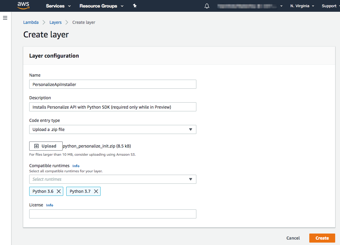 Lambda Create Layer Config.