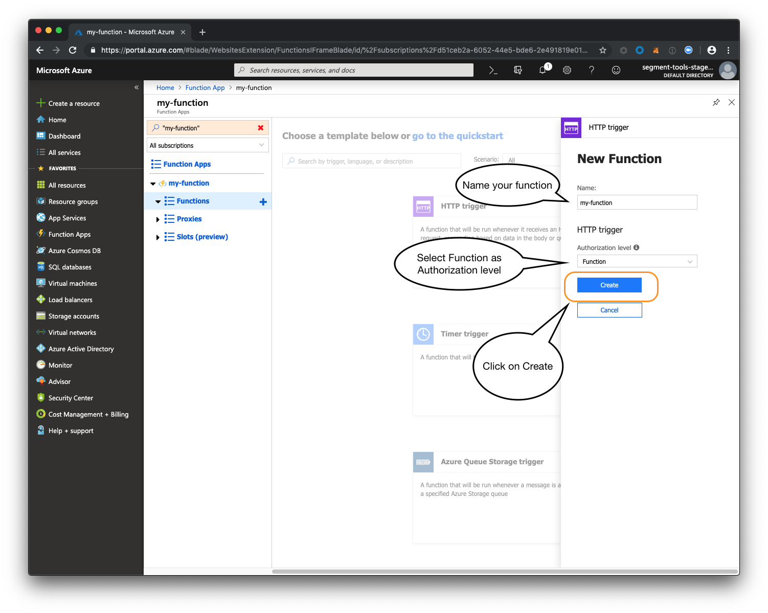 A screenshot of the HTTP trigger setup panel, with a name entered in the Name field and Function chosen as the Authorization level.