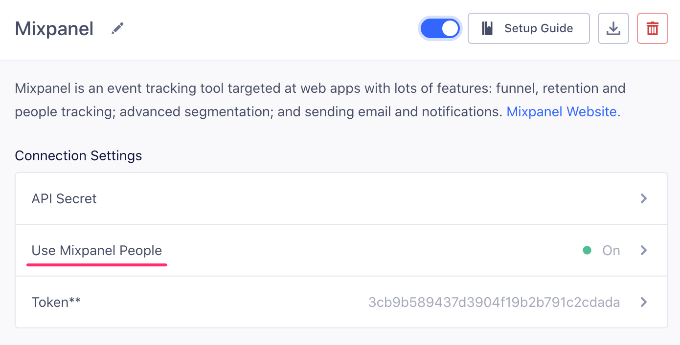 A screenshot of the settings page for the Mixpanel destination.