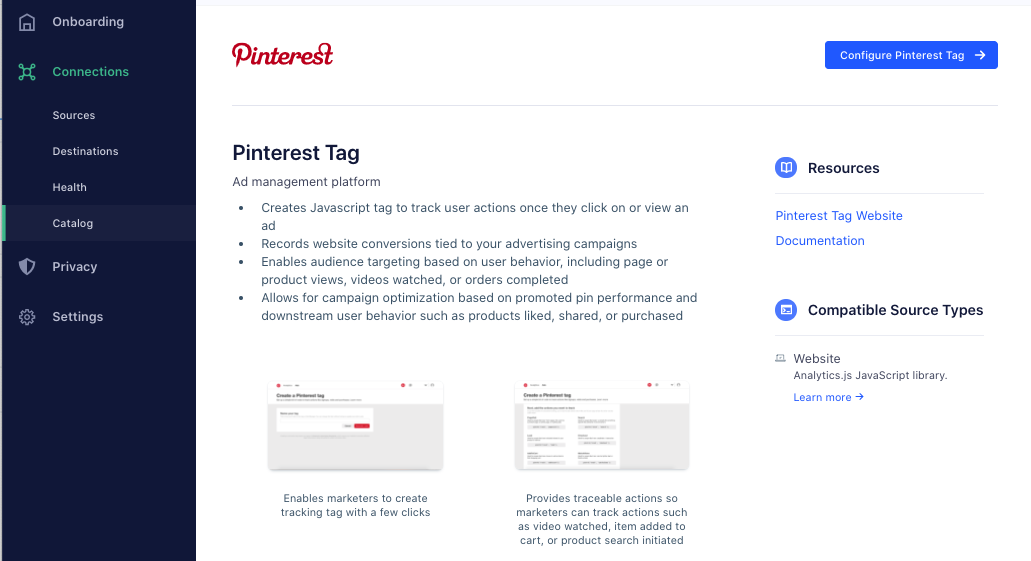 The Pinterest Tag menu page.