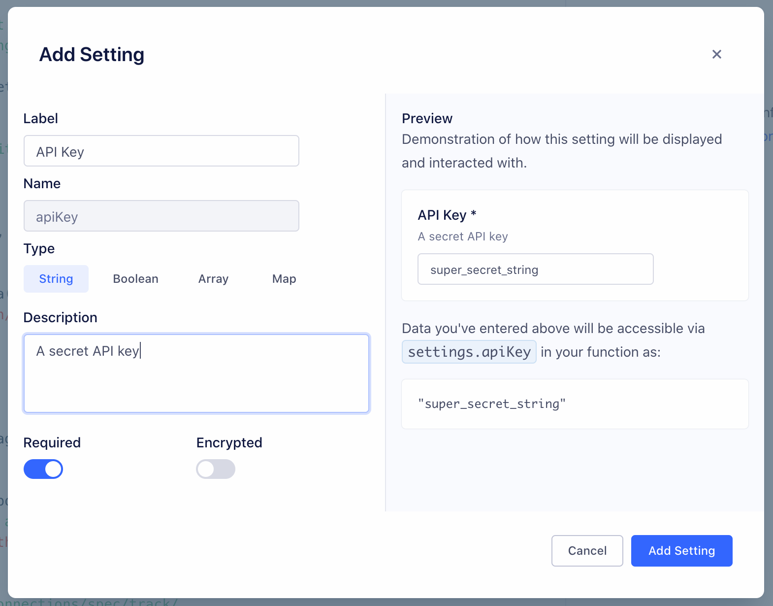A screenshot of the "Add Setting" section of the functions settings tab, with apiKey settings included