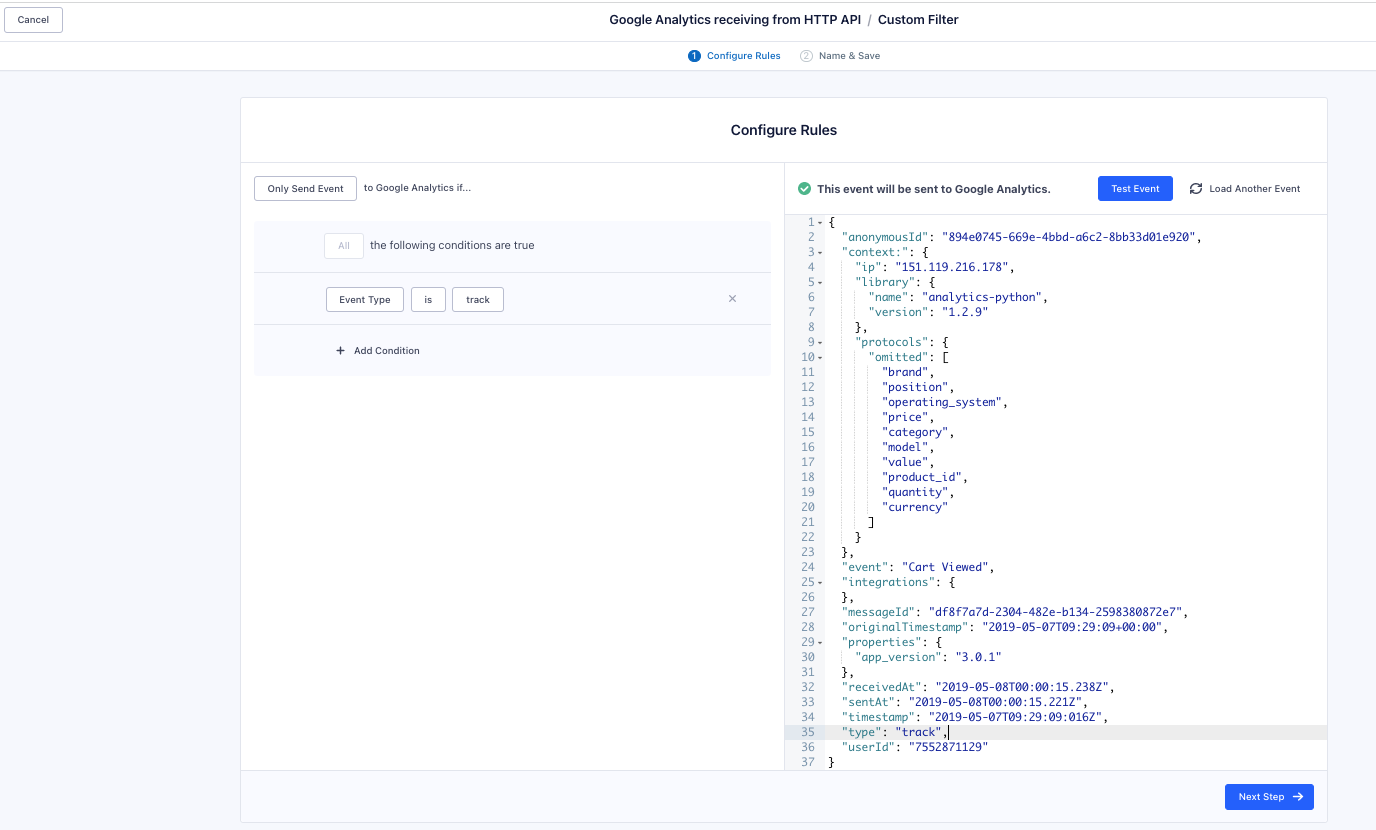 Example of a filter that only sends track calls to Google Analytics