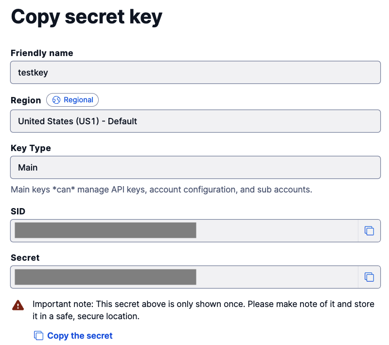 Copying the Twilio API key