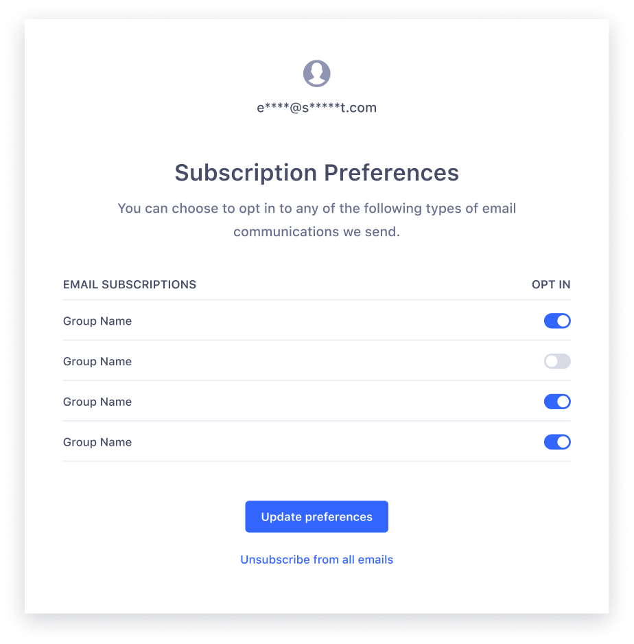 The subscription preferences page users see when opting in and out of subscription groups
