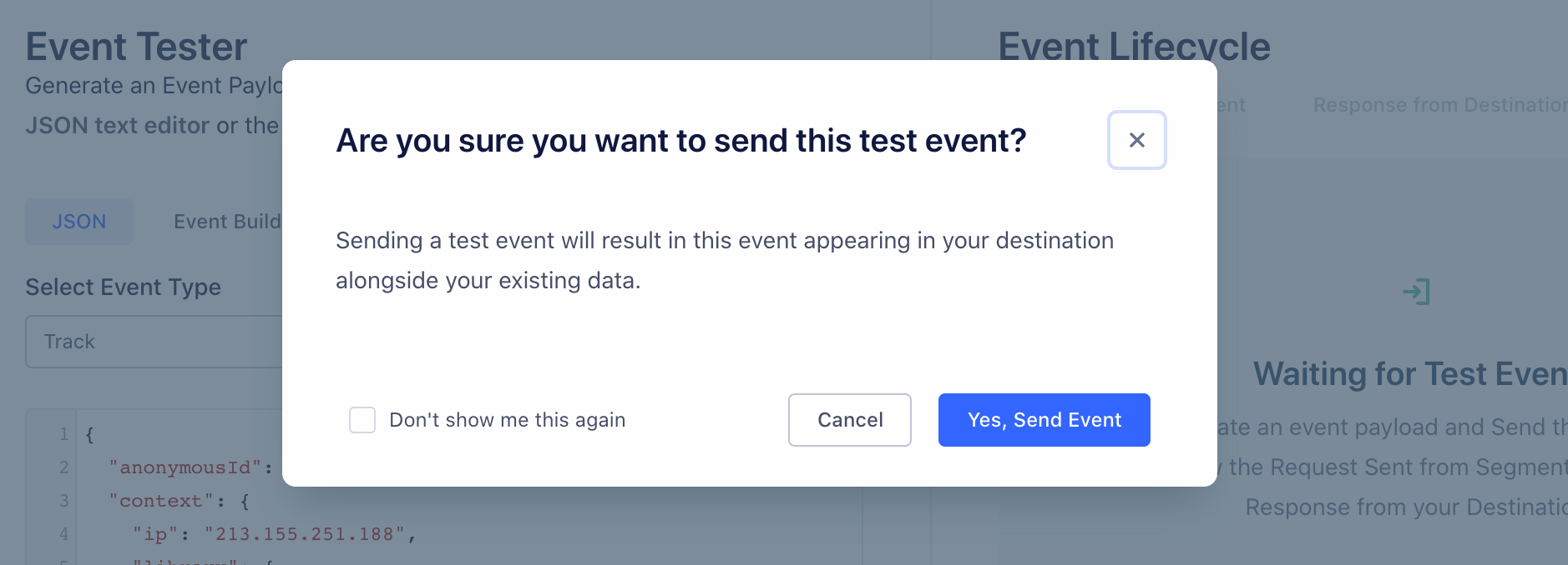 Screenshot of the popup that appears when you click the Send test event button.