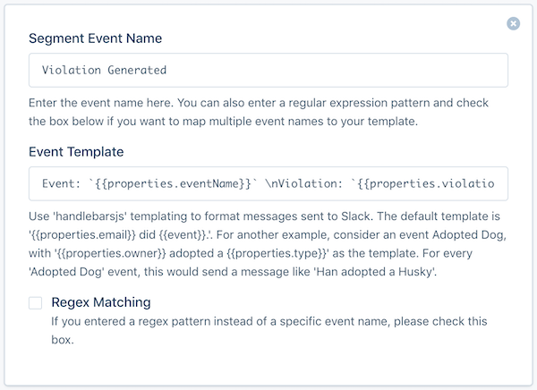 Screenshot of a Slack destination settings page with Segment Event Name and Event Template fields filled out. The Event Template follows the convention outlined above.