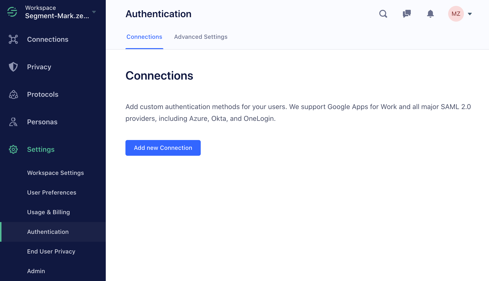 Screenshot of the Segment Authentication settings page, with the Connections tab selected.