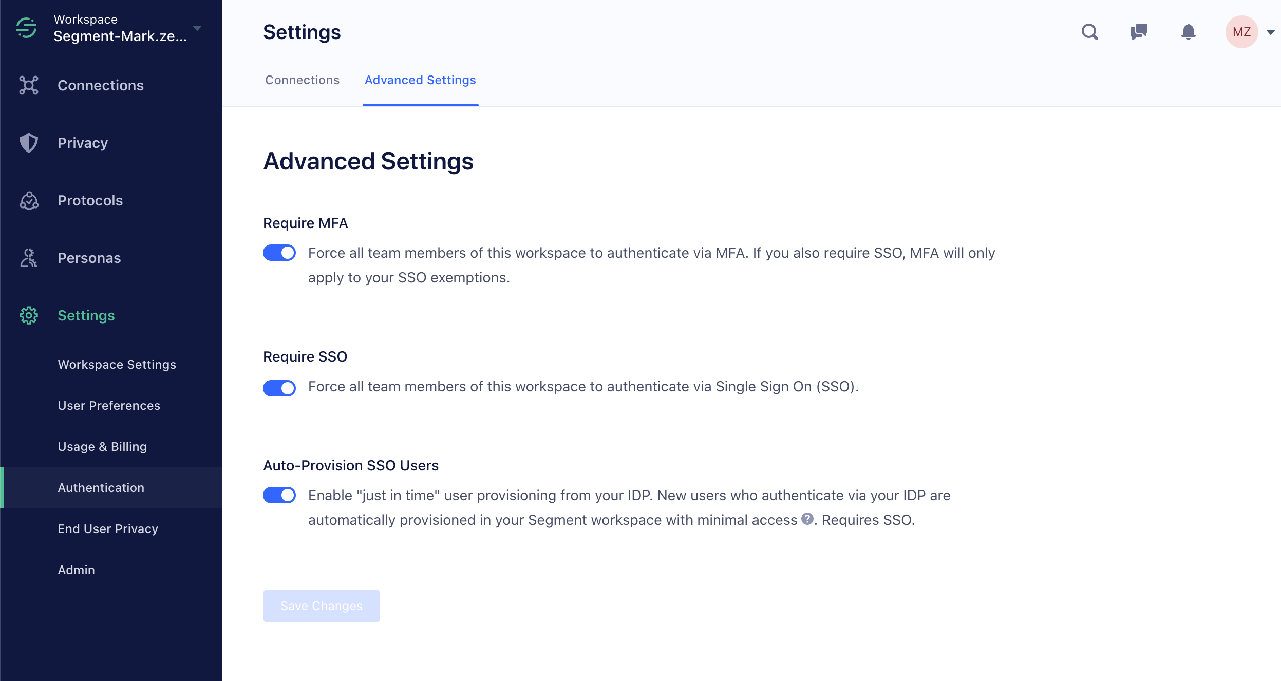 Screenshot of the Advanced Settings page in the Authentication settings tab.