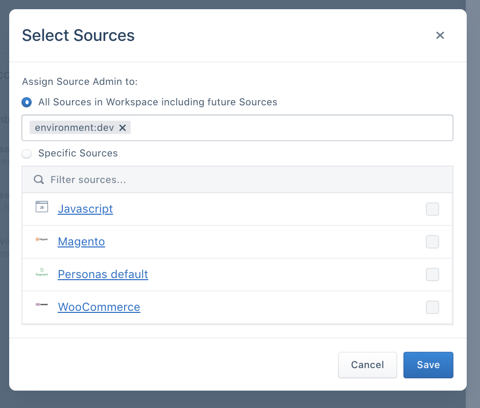 Screenshot of the Select Sources popup, with the Assign Source Admin to: All Sources in Workspace including future Sources option selected.