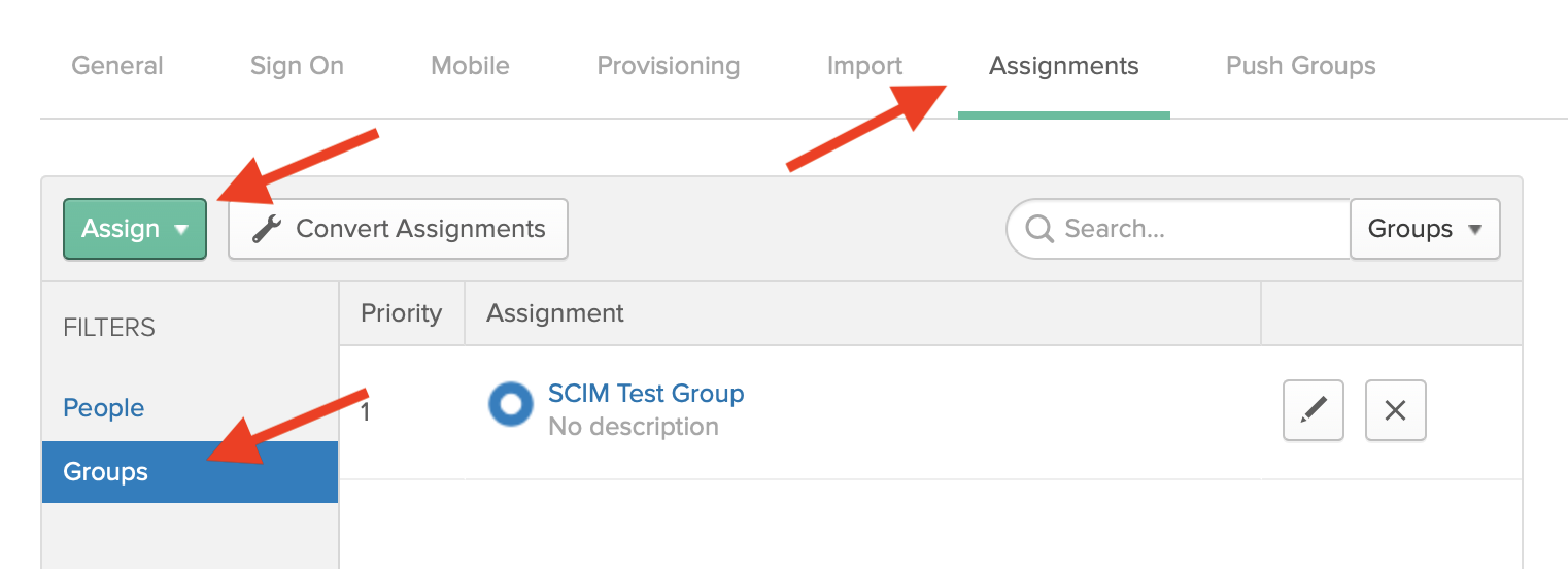 Screenshot of the Okta Assignments tab, with the Assign button clicked and the Groups tab selected.
