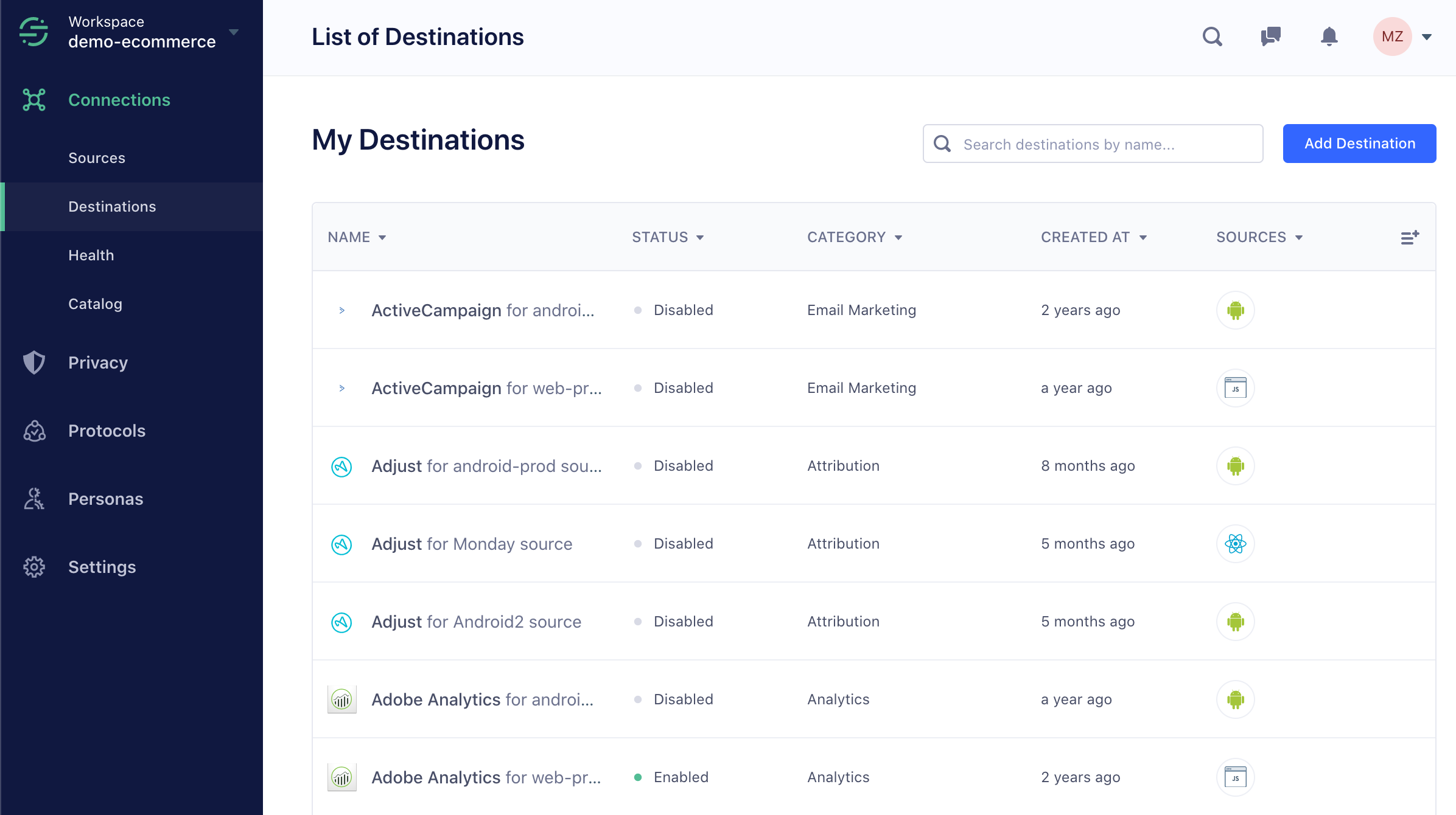 Screenshot of the My Destinations page in the Segment app.