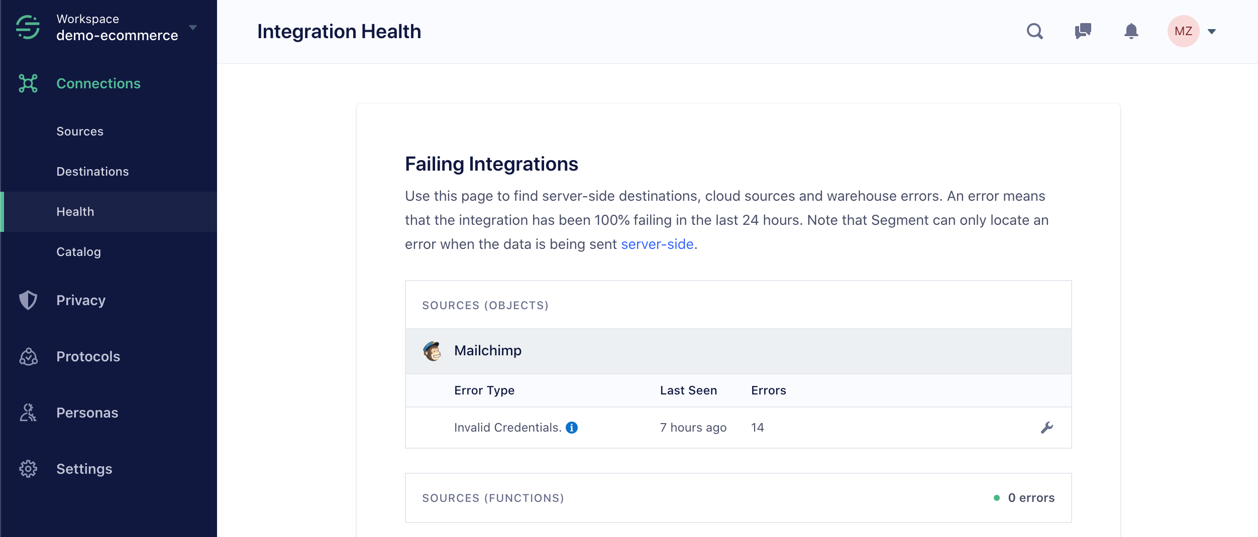 Screenshot of the Integration Health page in the Segment app.