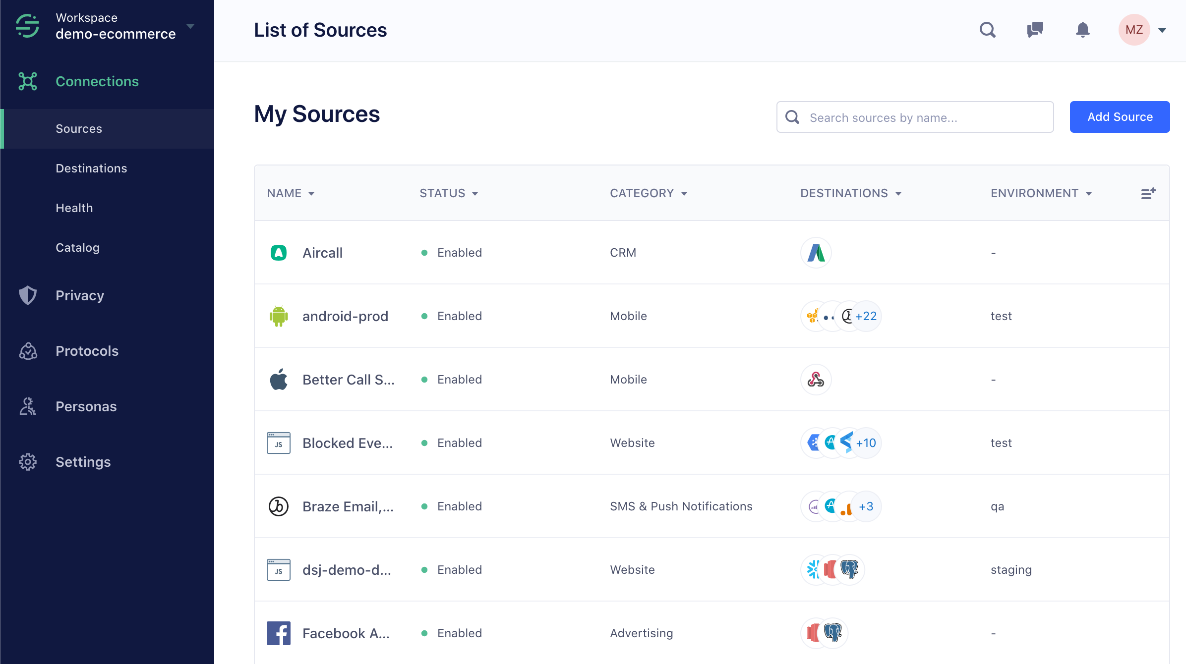 Screenshot of the My Sources page in the Segment app.